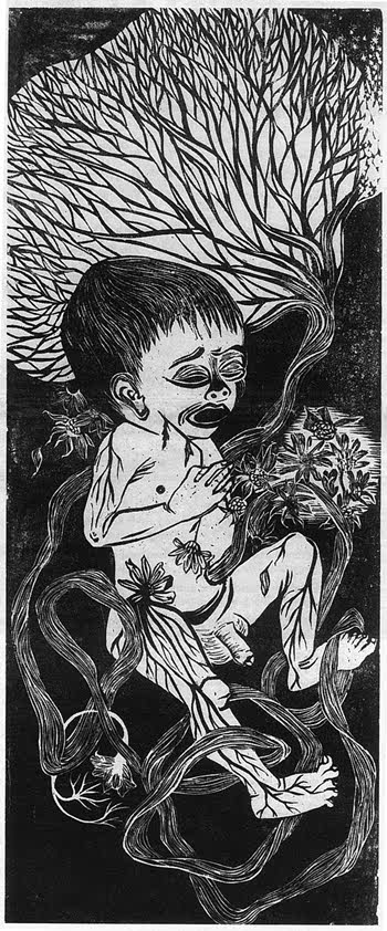 Cover: Into the Dangerous World I Leapt, 1955, a woodcut by Nancy Webb