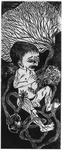 Cover: Into the Dangerous World I Leapt, 1955, a woodcut by Nancy Webb